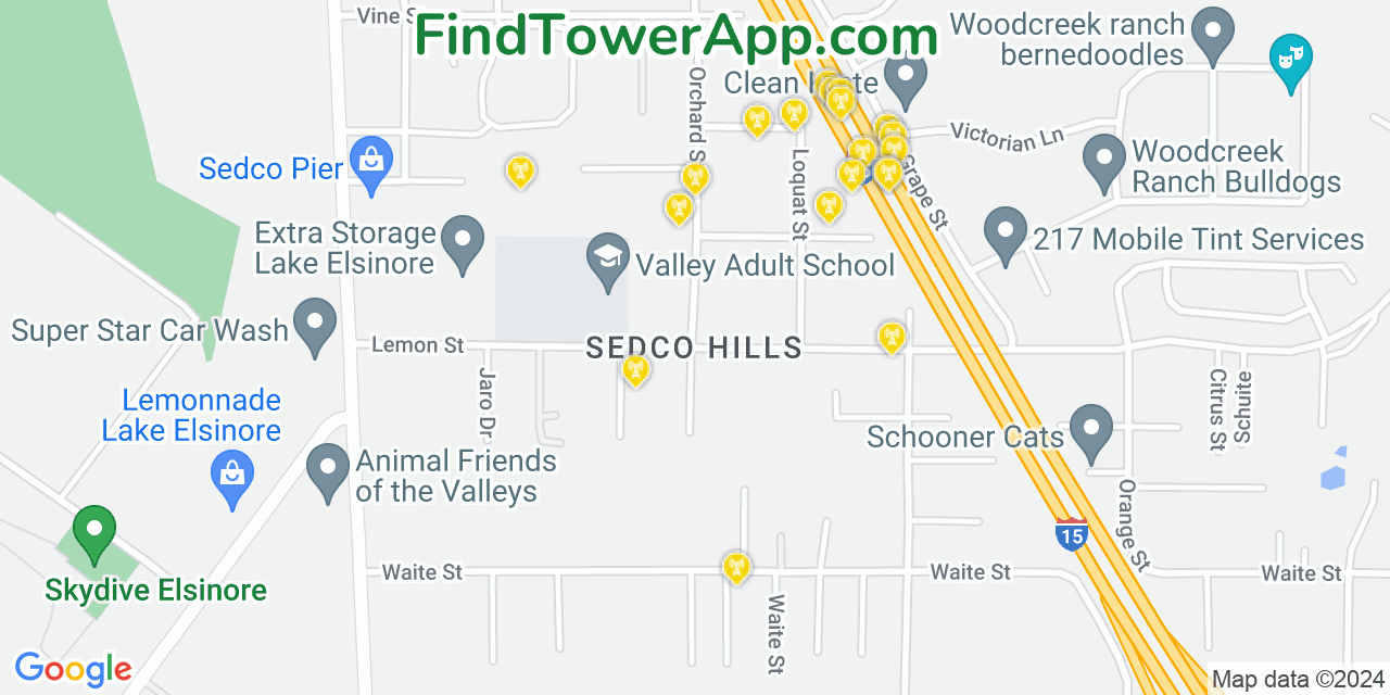 AT&T 4G/5G cell tower coverage map Sedco Hills, California