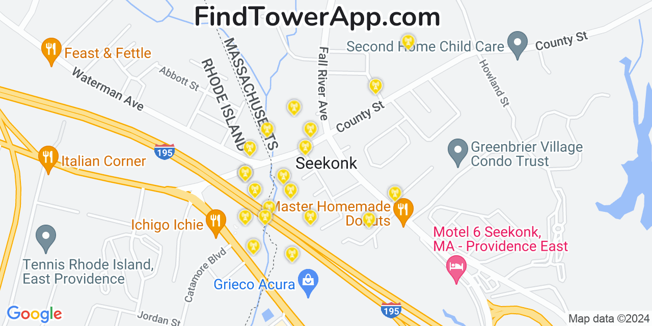 AT&T 4G/5G cell tower coverage map Seekonk, Massachusetts