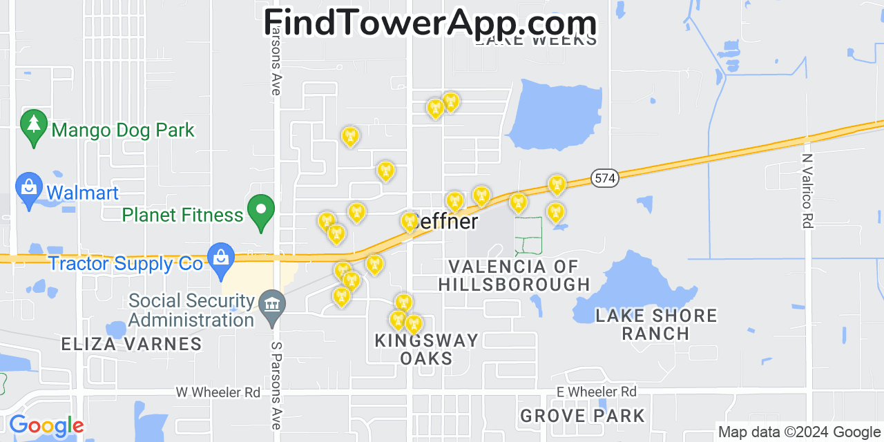 AT&T 4G/5G cell tower coverage map Seffner, Florida