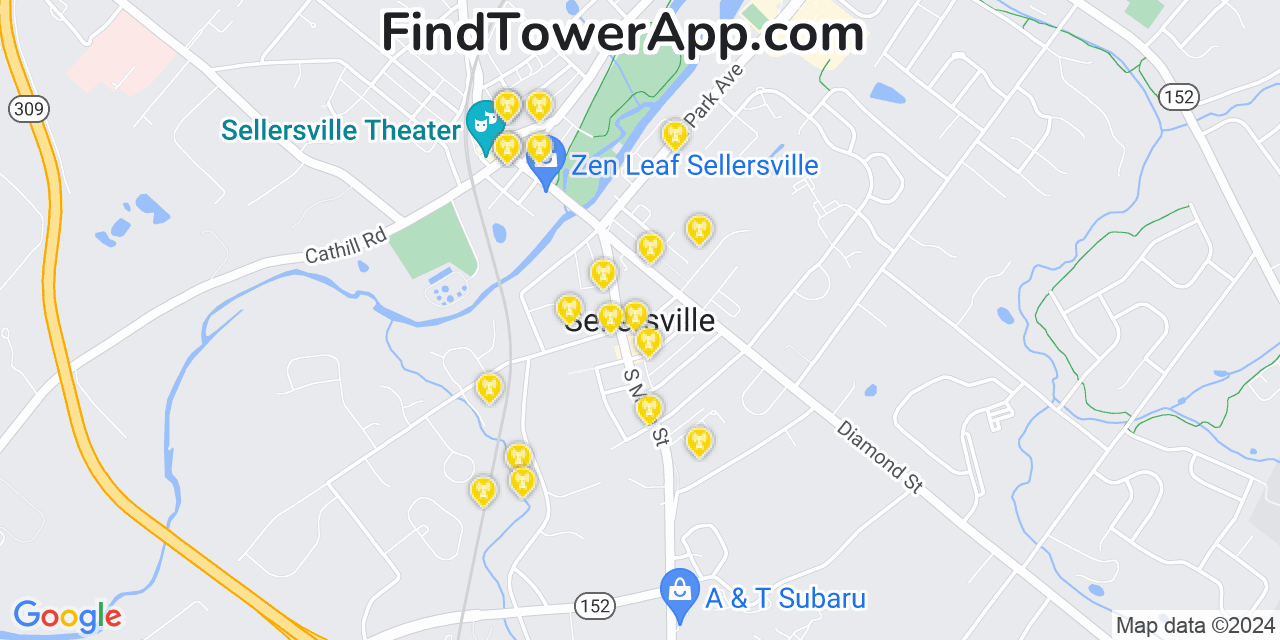 AT&T 4G/5G cell tower coverage map Sellersville, Pennsylvania