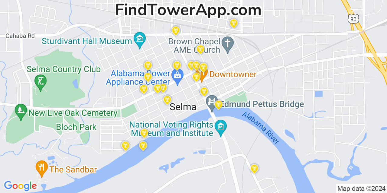 AT&T 4G/5G cell tower coverage map Selma, Alabama