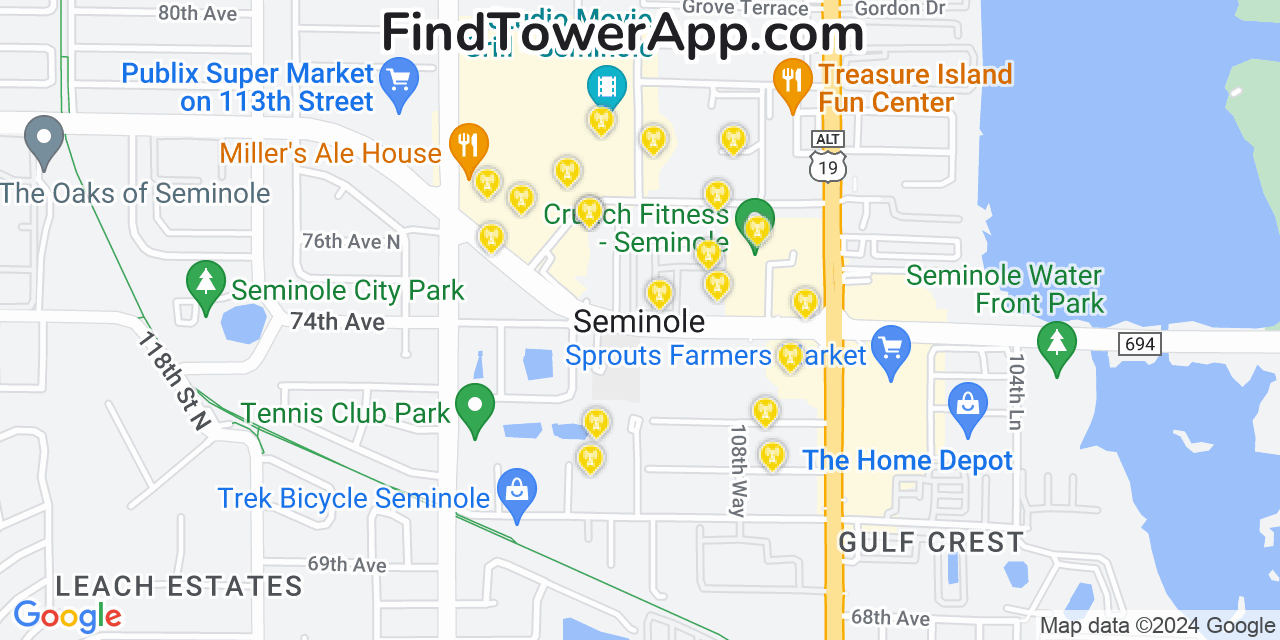 AT&T 4G/5G cell tower coverage map Seminole, Florida