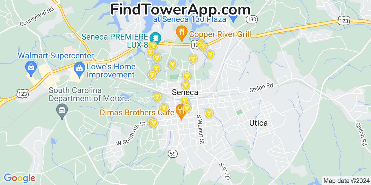 AT&T 4G/5G cell tower coverage map Seneca, South Carolina