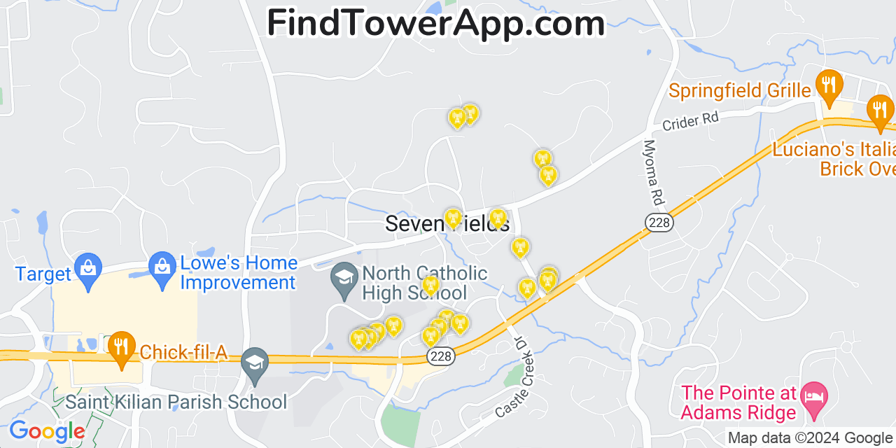 AT&T 4G/5G cell tower coverage map Seven Fields, Pennsylvania
