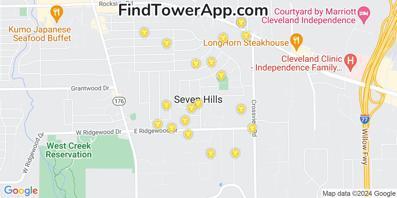 AT&T 4G/5G cell tower coverage map Seven Hills, Ohio