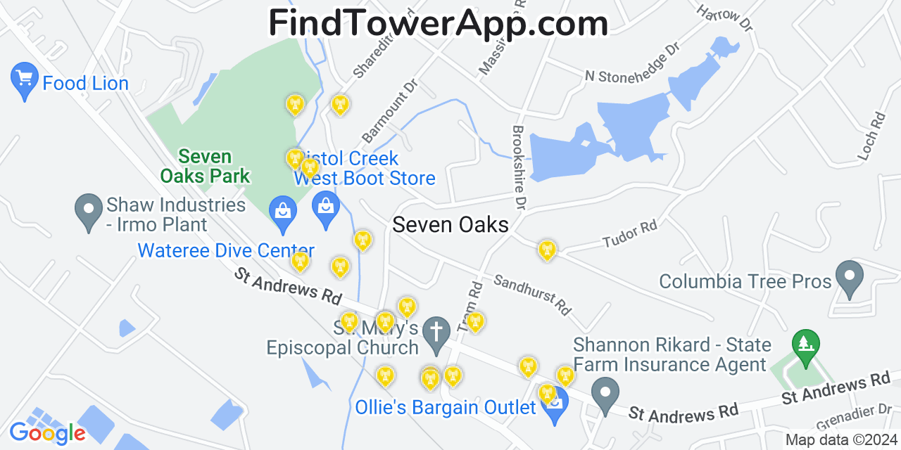 Verizon 4G/5G cell tower coverage map Seven Oaks, South Carolina