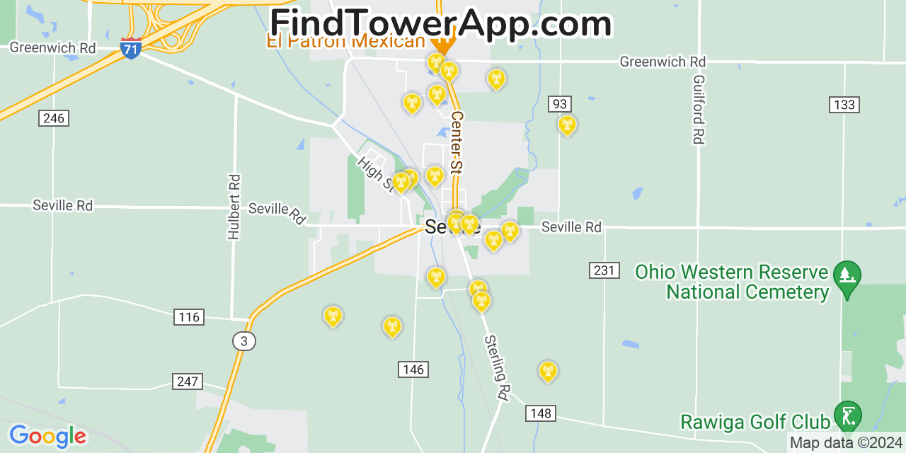 AT&T 4G/5G cell tower coverage map Seville, Ohio