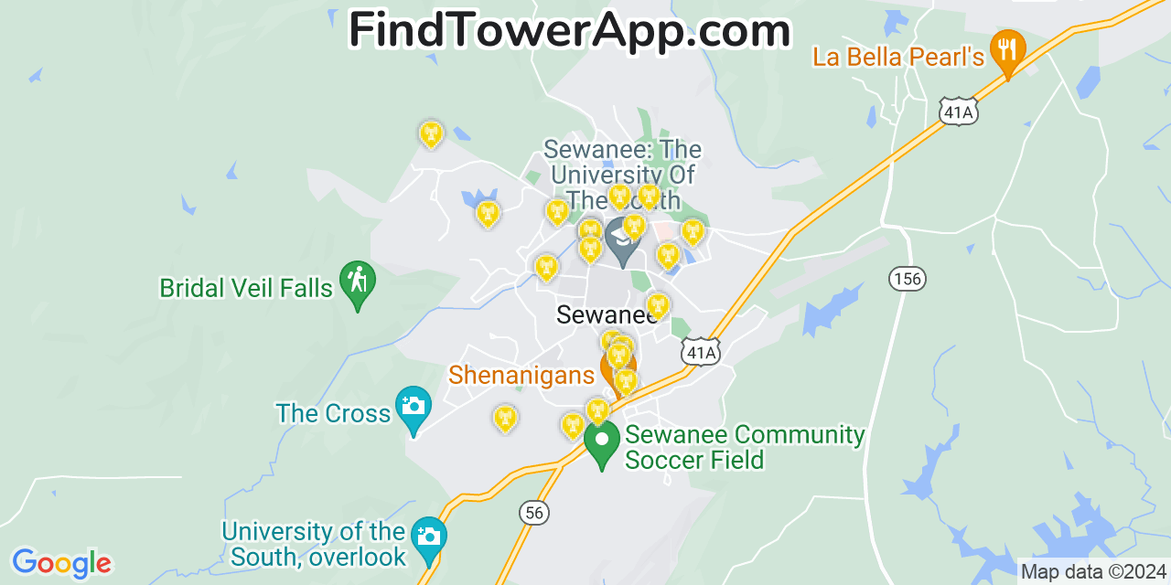 AT&T 4G/5G cell tower coverage map Sewanee, Tennessee