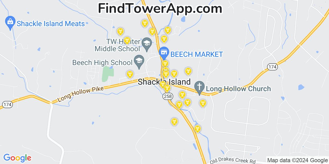 AT&T 4G/5G cell tower coverage map Shackle Island, Tennessee