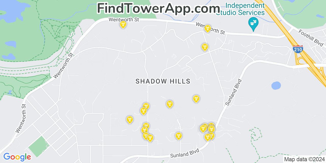 AT&T 4G/5G cell tower coverage map Shadow Hills, California