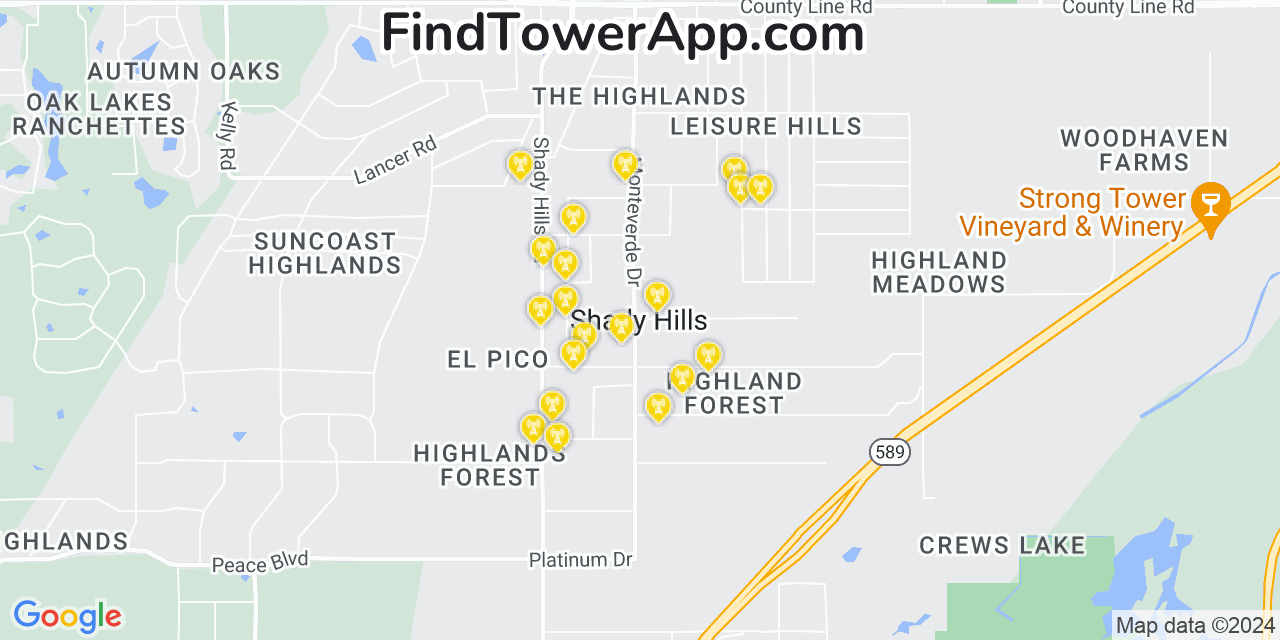 AT&T 4G/5G cell tower coverage map Shady Hills, Florida
