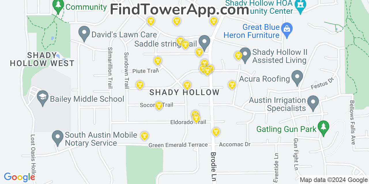AT&T 4G/5G cell tower coverage map Shady Hollow, Texas