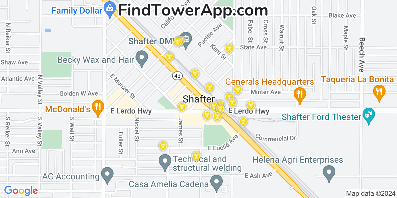AT&T 4G/5G cell tower coverage map Shafter, California