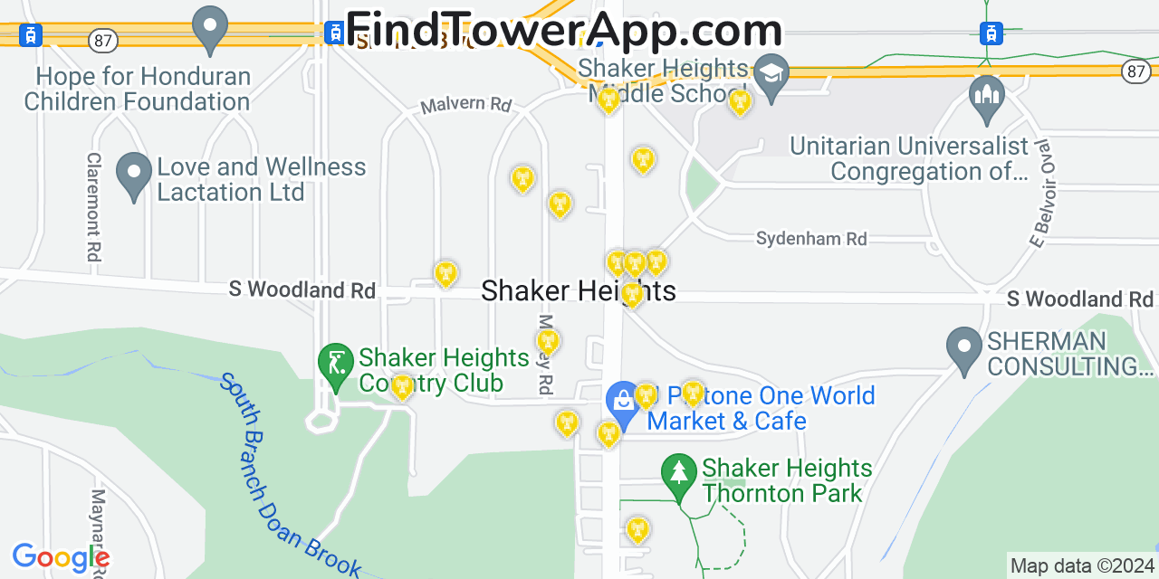 AT&T 4G/5G cell tower coverage map Shaker Heights, Ohio