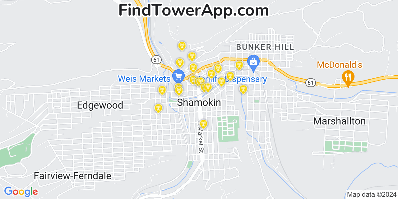 AT&T 4G/5G cell tower coverage map Shamokin, Pennsylvania