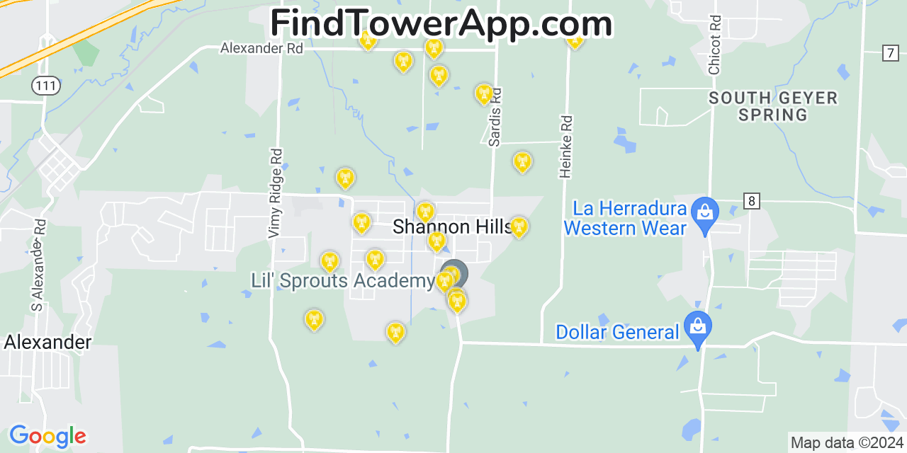 Verizon 4G/5G cell tower coverage map Shannon Hills, Arkansas