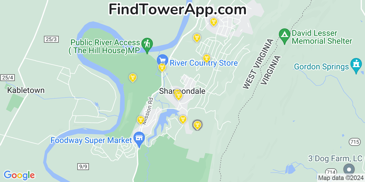 AT&T 4G/5G cell tower coverage map Shannondale, West Virginia