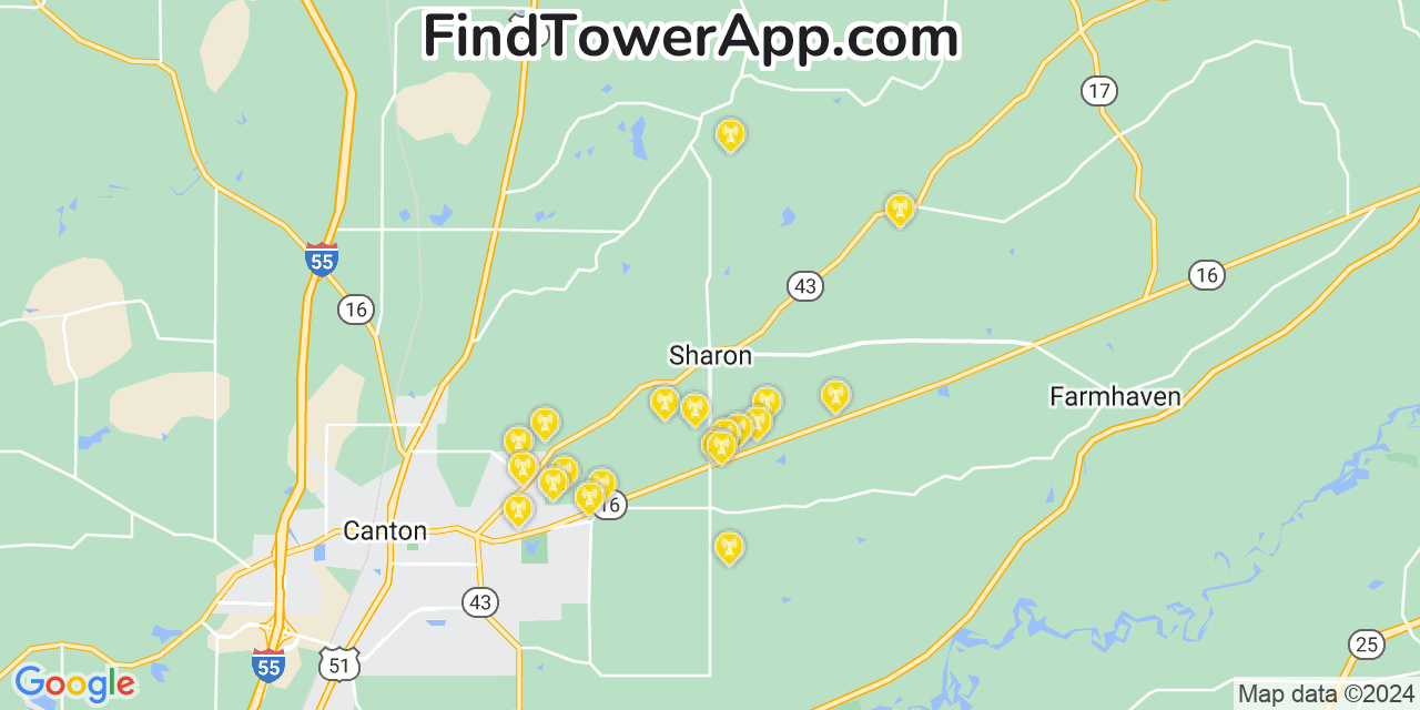 AT&T 4G/5G cell tower coverage map Sharon, Mississippi