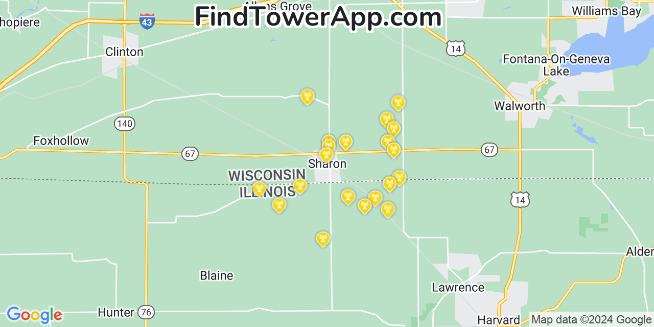 AT&T 4G/5G cell tower coverage map Sharon, Wisconsin