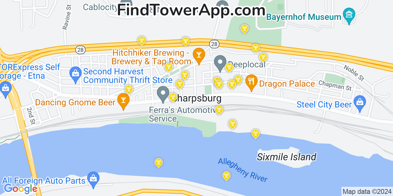AT&T 4G/5G cell tower coverage map Sharpsburg, Pennsylvania