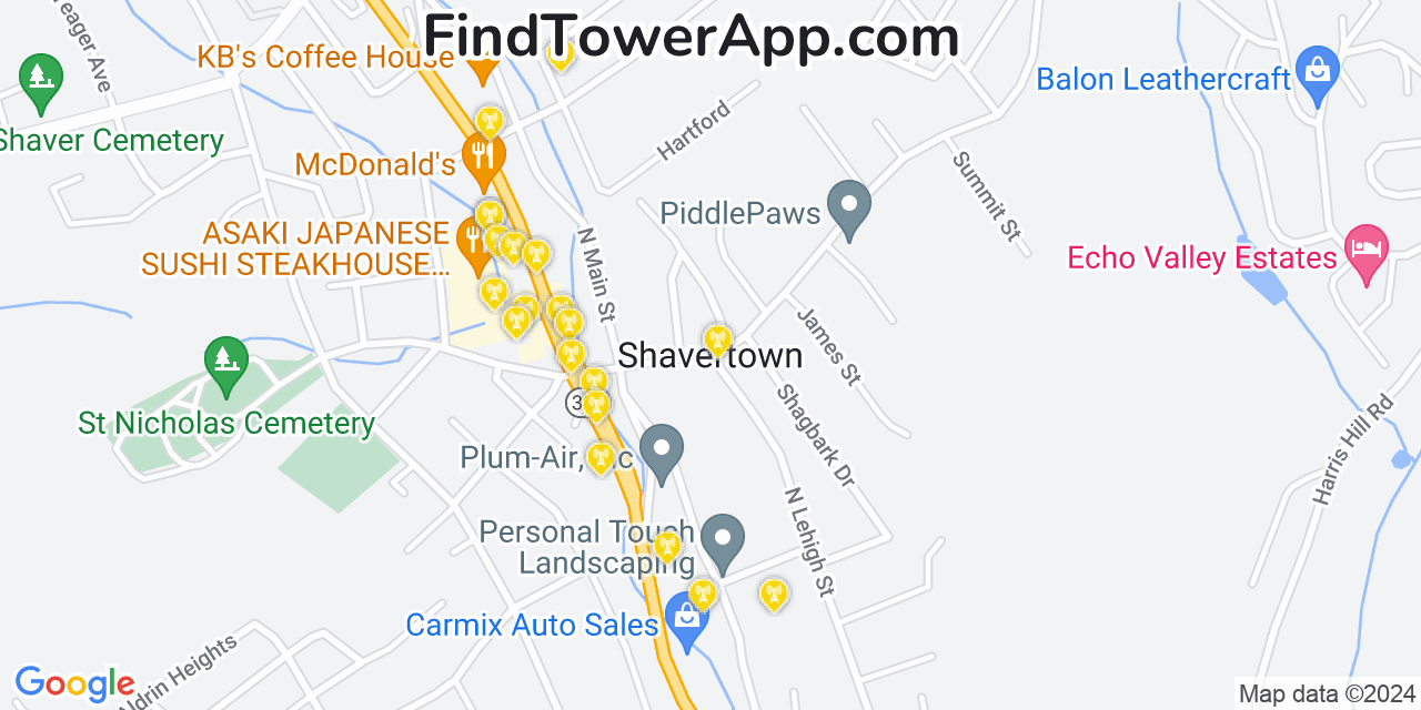 AT&T 4G/5G cell tower coverage map Shavertown, Pennsylvania