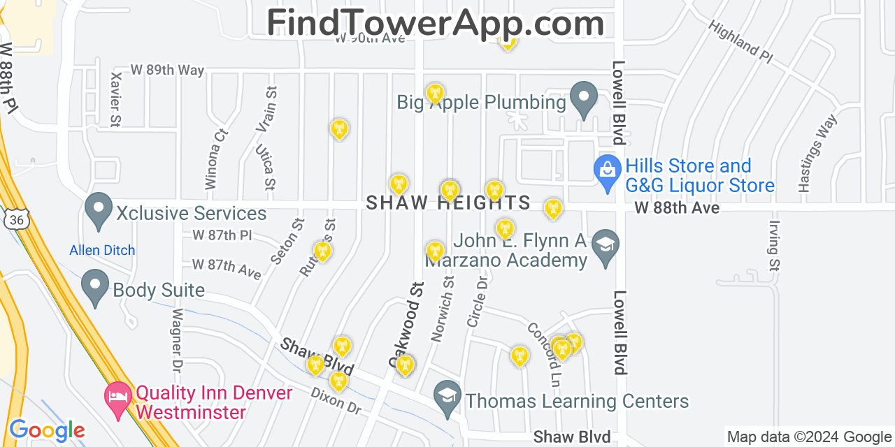 AT&T 4G/5G cell tower coverage map Shaw Heights, Colorado