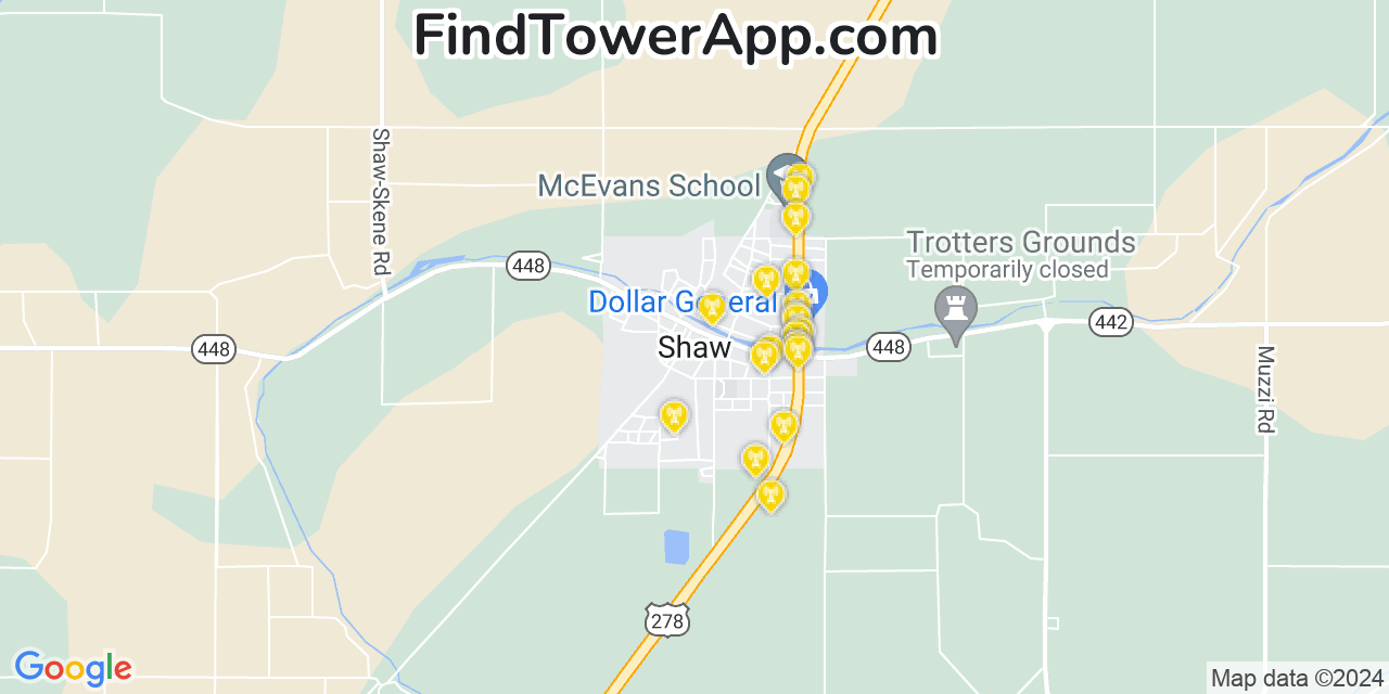 AT&T 4G/5G cell tower coverage map Shaw, Mississippi