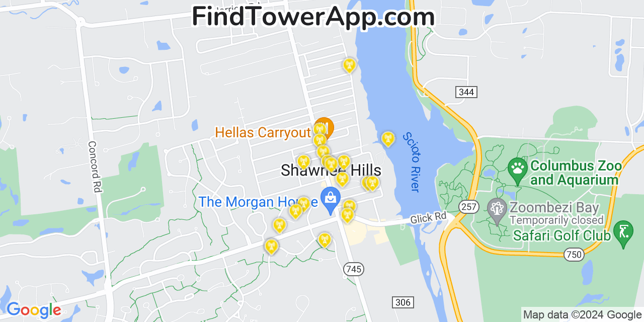 AT&T 4G/5G cell tower coverage map Shawnee Hills, Ohio