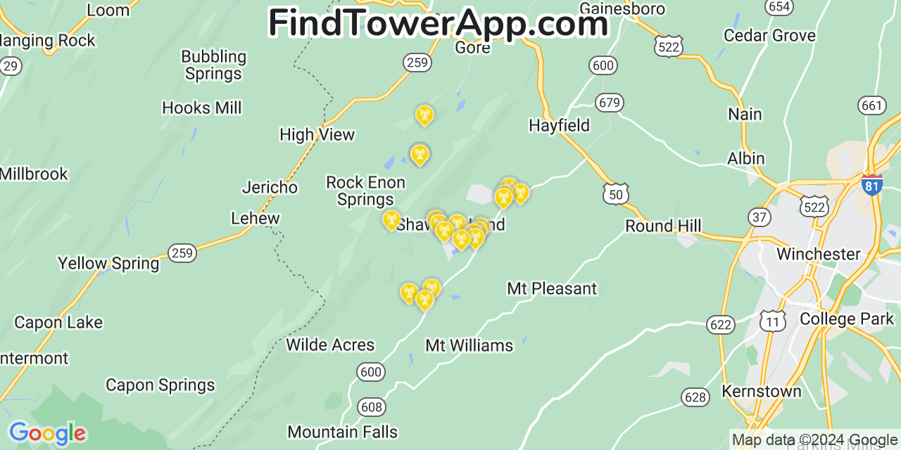 AT&T 4G/5G cell tower coverage map Shawnee Land, Virginia