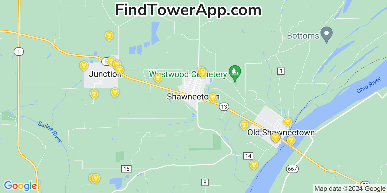AT&T 4G/5G cell tower coverage map Shawneetown, Illinois