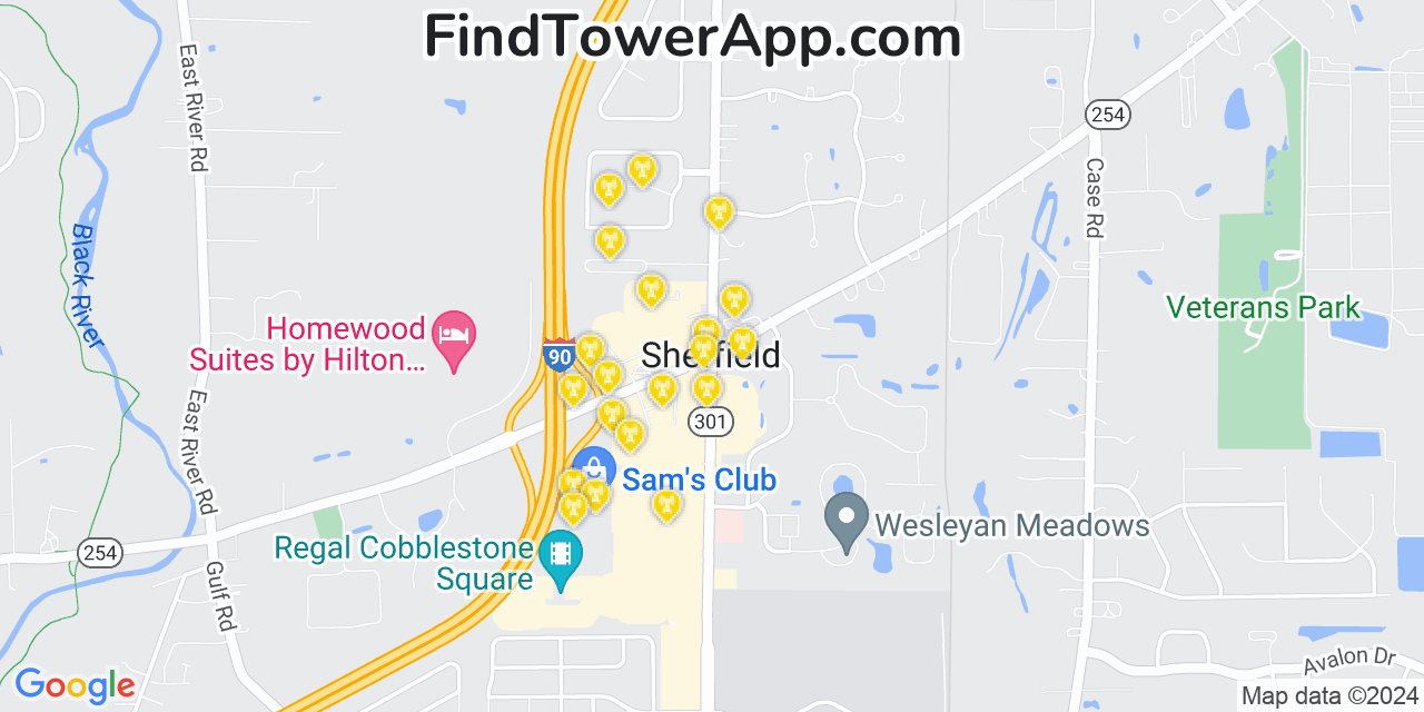 AT&T 4G/5G cell tower coverage map Sheffield, Ohio