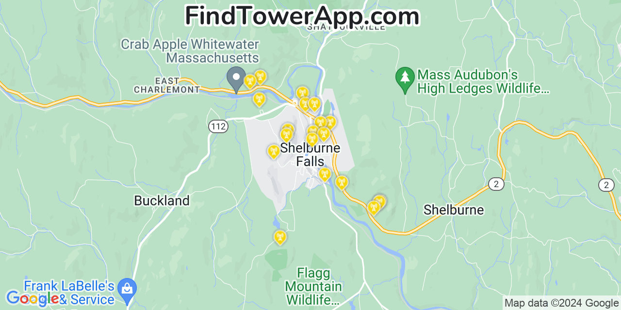 AT&T 4G/5G cell tower coverage map Shelburne Falls, Massachusetts