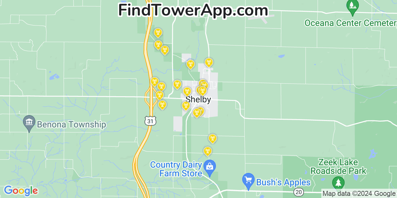 AT&T 4G/5G cell tower coverage map Shelby, Michigan
