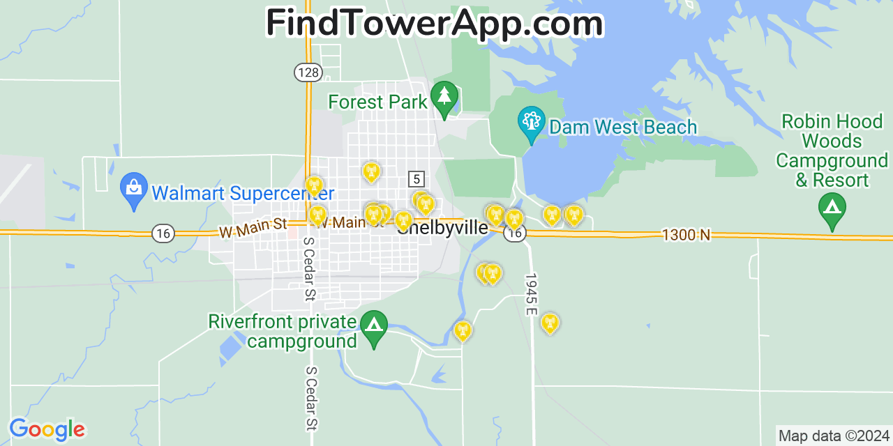 AT&T 4G/5G cell tower coverage map Shelbyville, Illinois