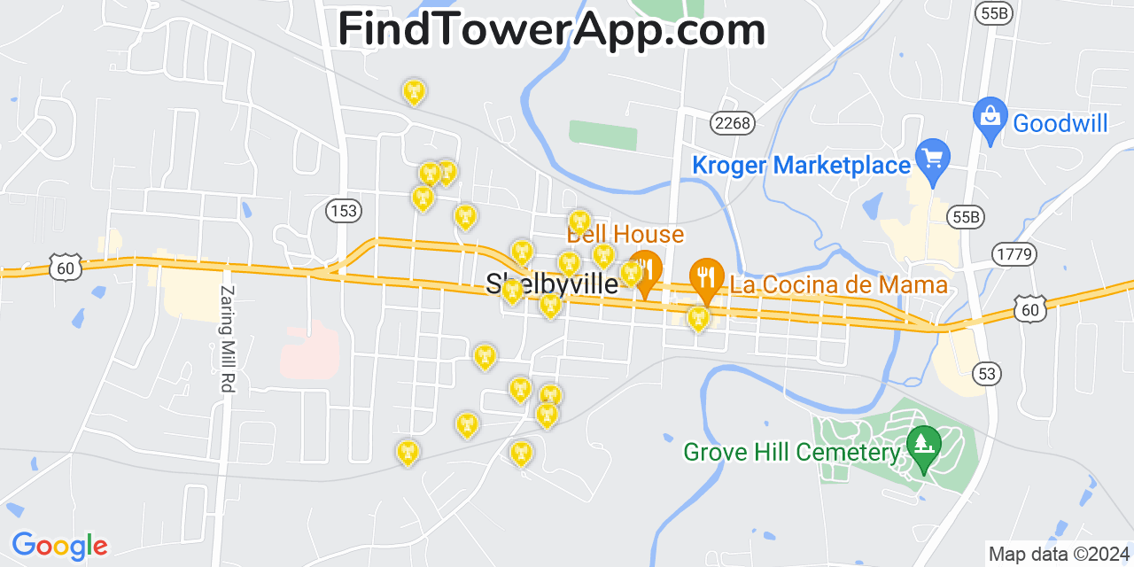 AT&T 4G/5G cell tower coverage map Shelbyville, Kentucky