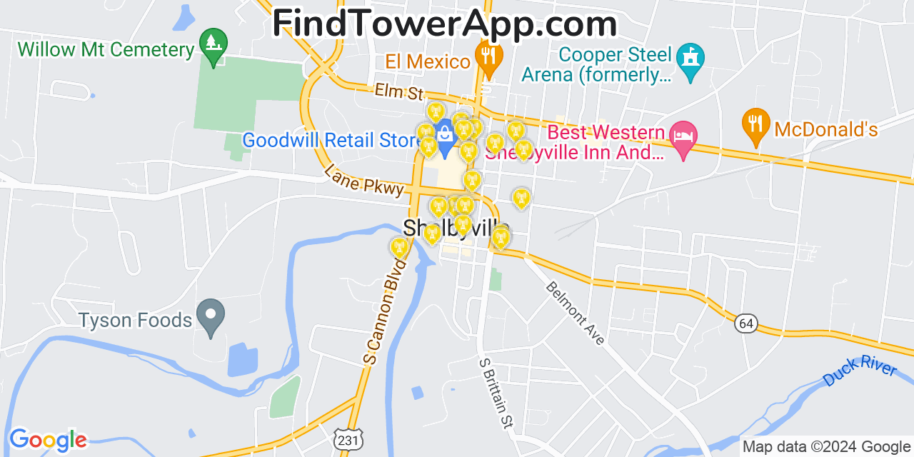 AT&T 4G/5G cell tower coverage map Shelbyville, Tennessee