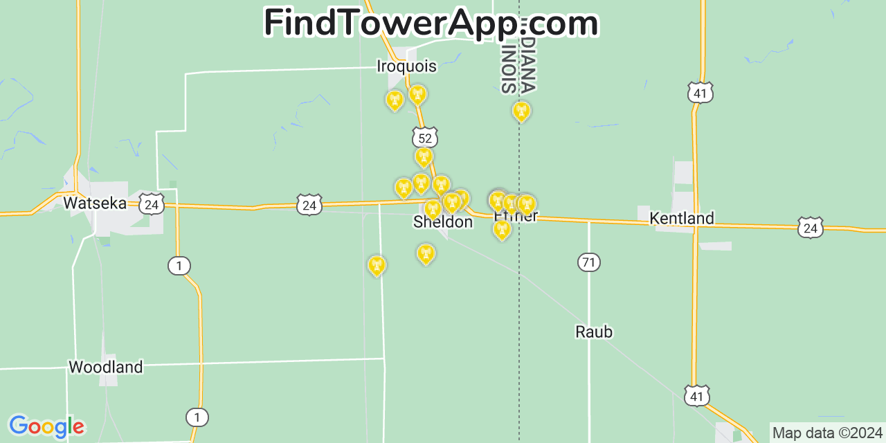 AT&T 4G/5G cell tower coverage map Sheldon, Illinois