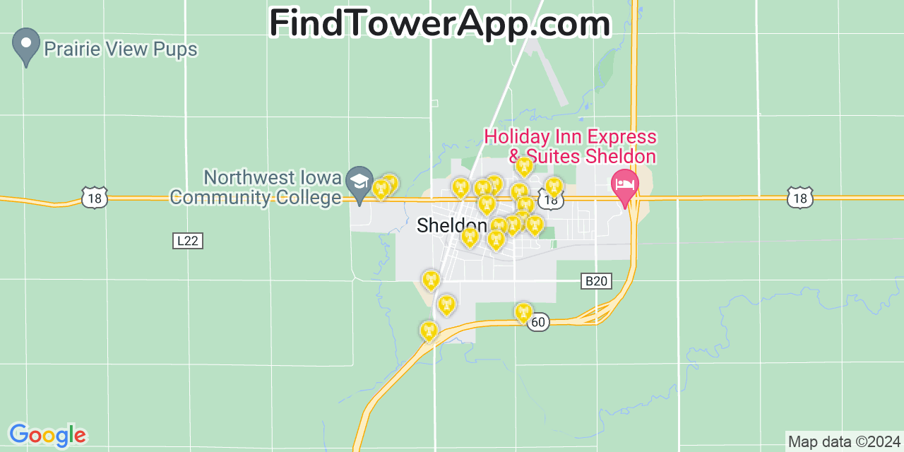 AT&T 4G/5G cell tower coverage map Sheldon, Iowa