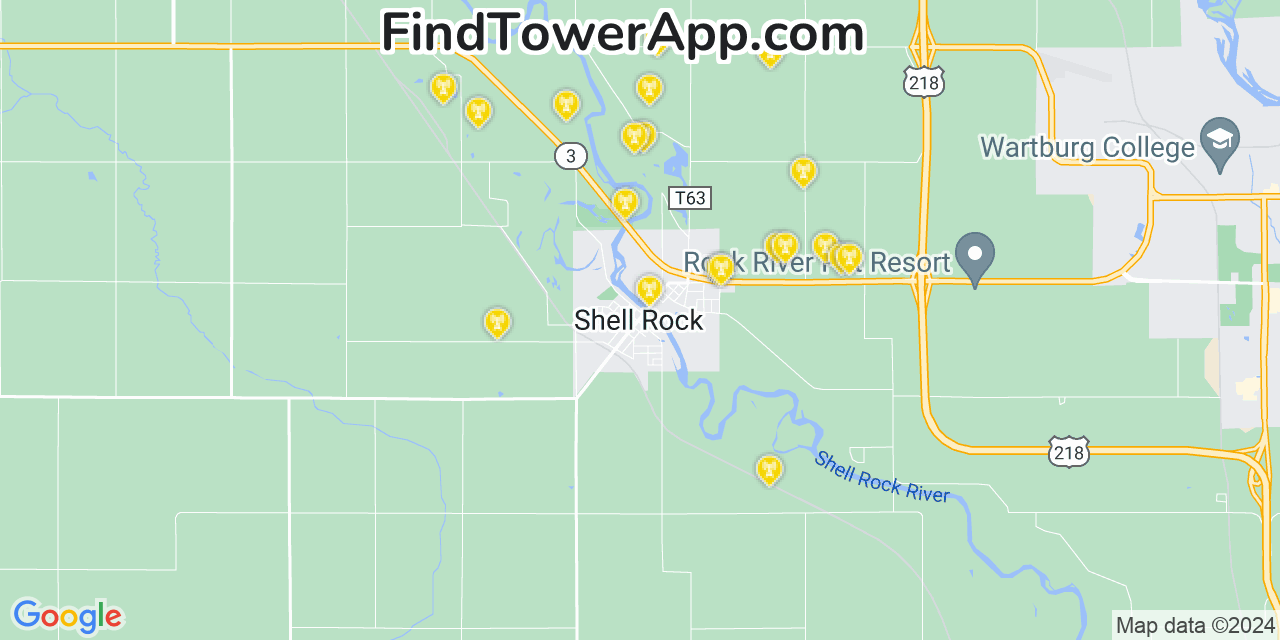 AT&T 4G/5G cell tower coverage map Shell Rock, Iowa