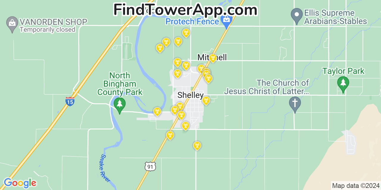 Verizon 4G/5G cell tower coverage map Shelley, Idaho