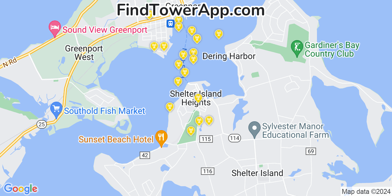 AT&T 4G/5G cell tower coverage map Shelter Island Heights, New York
