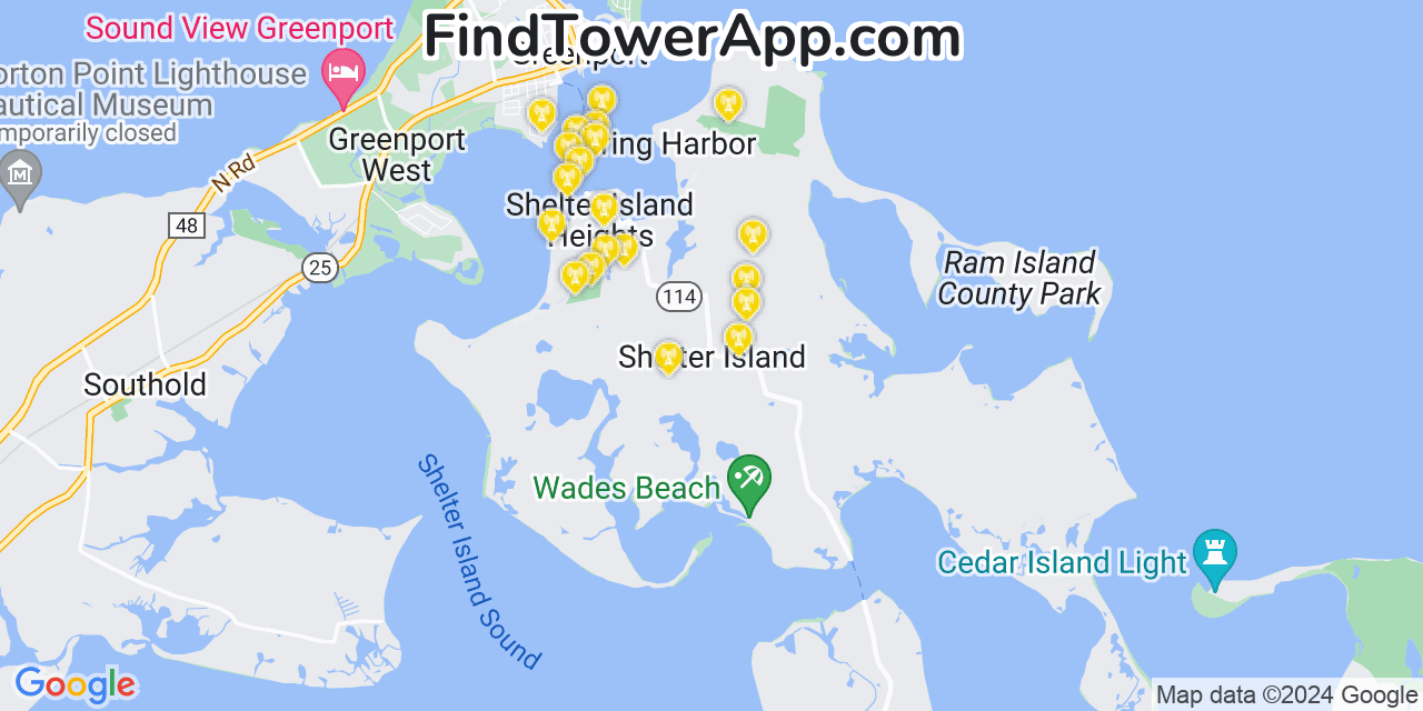 AT&T 4G/5G cell tower coverage map Shelter Island, New York