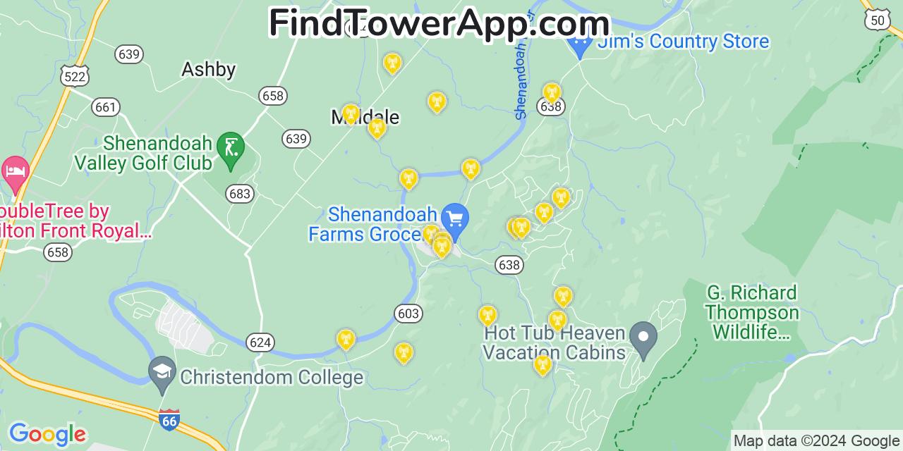 AT&T 4G/5G cell tower coverage map Shenandoah Farms, Virginia