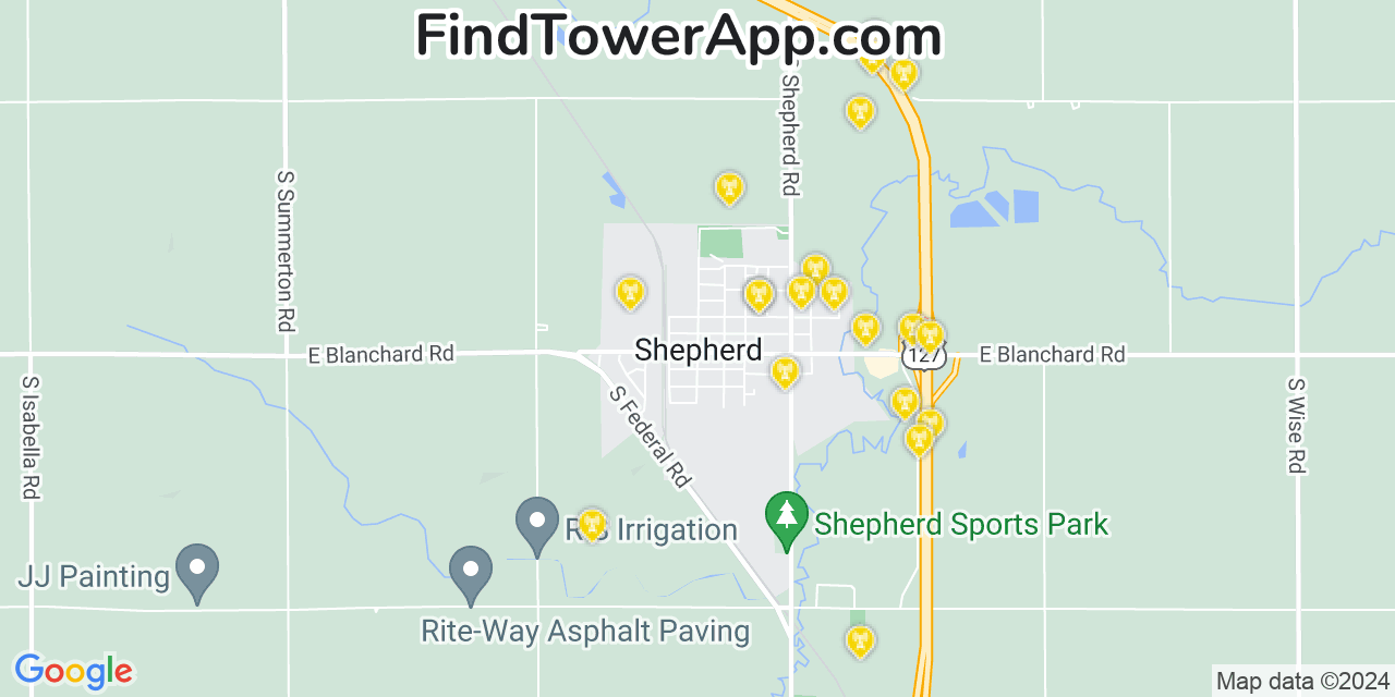 AT&T 4G/5G cell tower coverage map Shepherd, Michigan