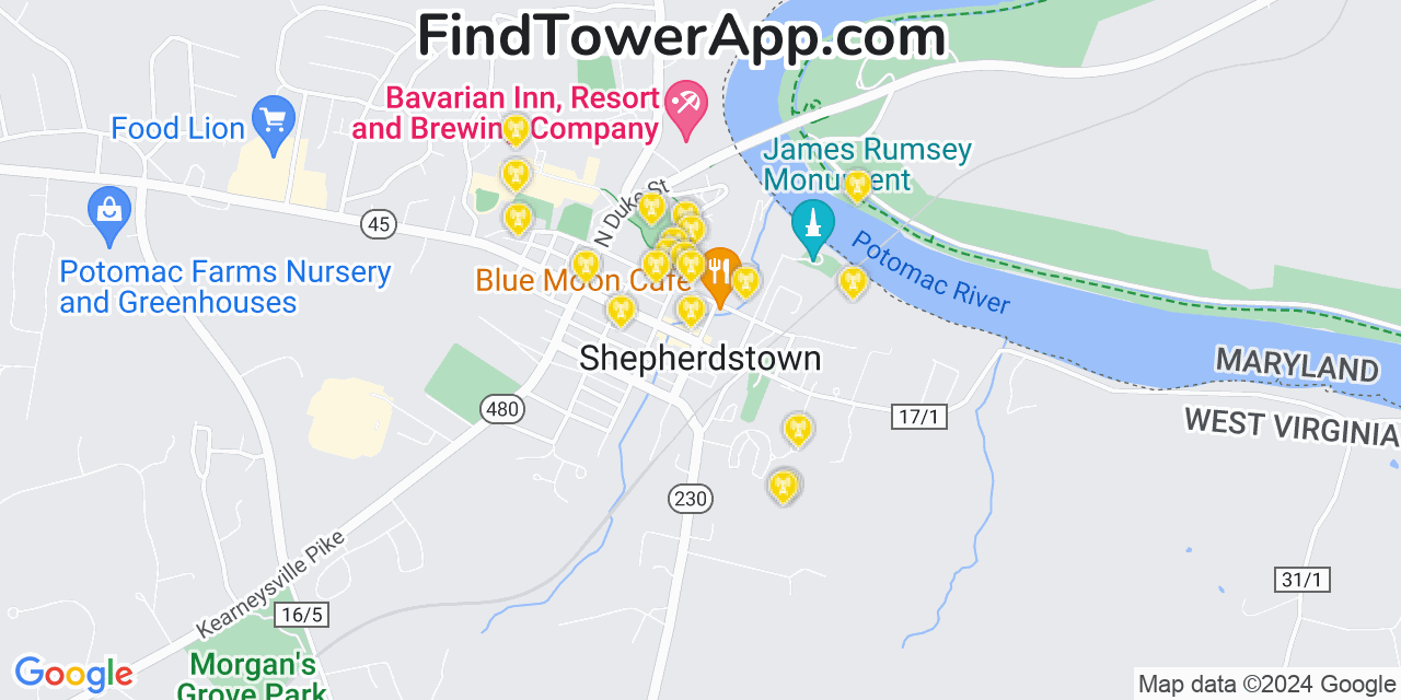 Verizon 4G/5G cell tower coverage map Shepherdstown, West Virginia
