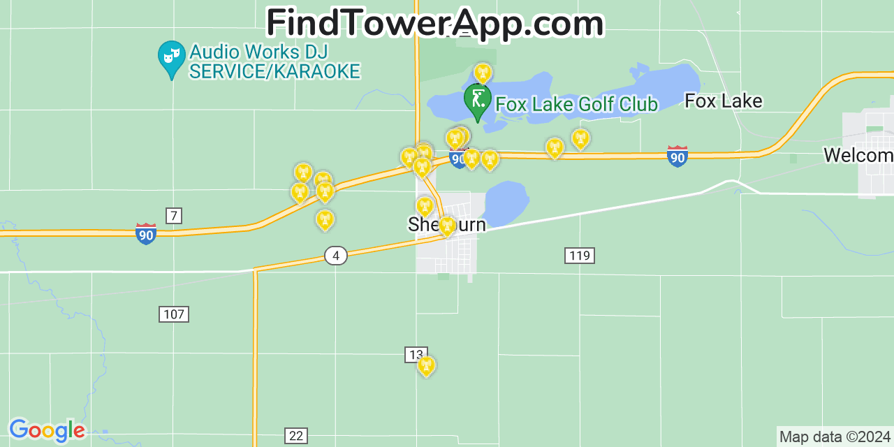 AT&T 4G/5G cell tower coverage map Sherburn, Minnesota