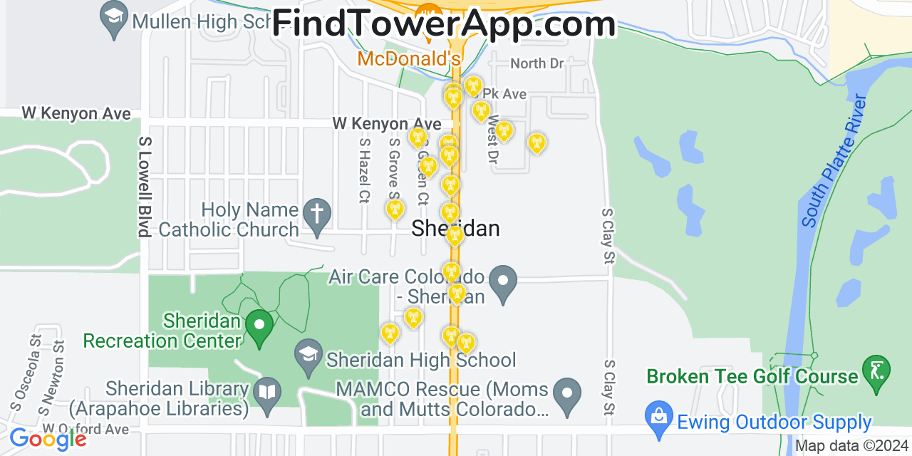 AT&T 4G/5G cell tower coverage map Sheridan, Colorado