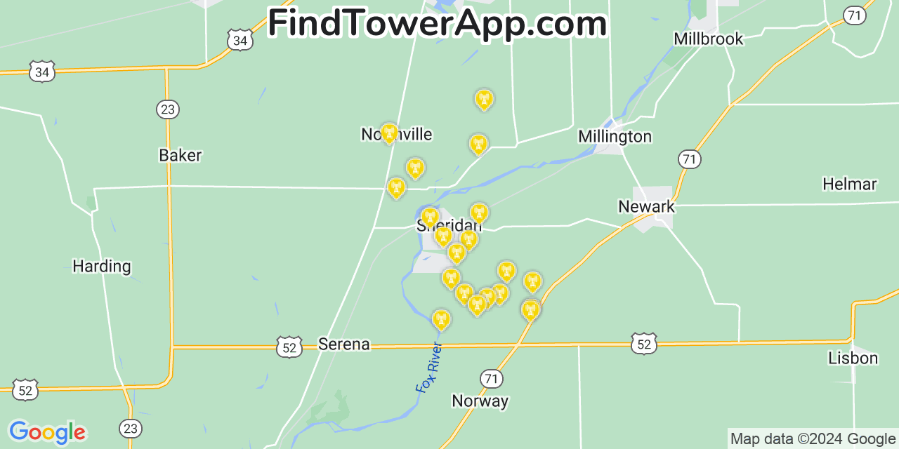 AT&T 4G/5G cell tower coverage map Sheridan, Illinois