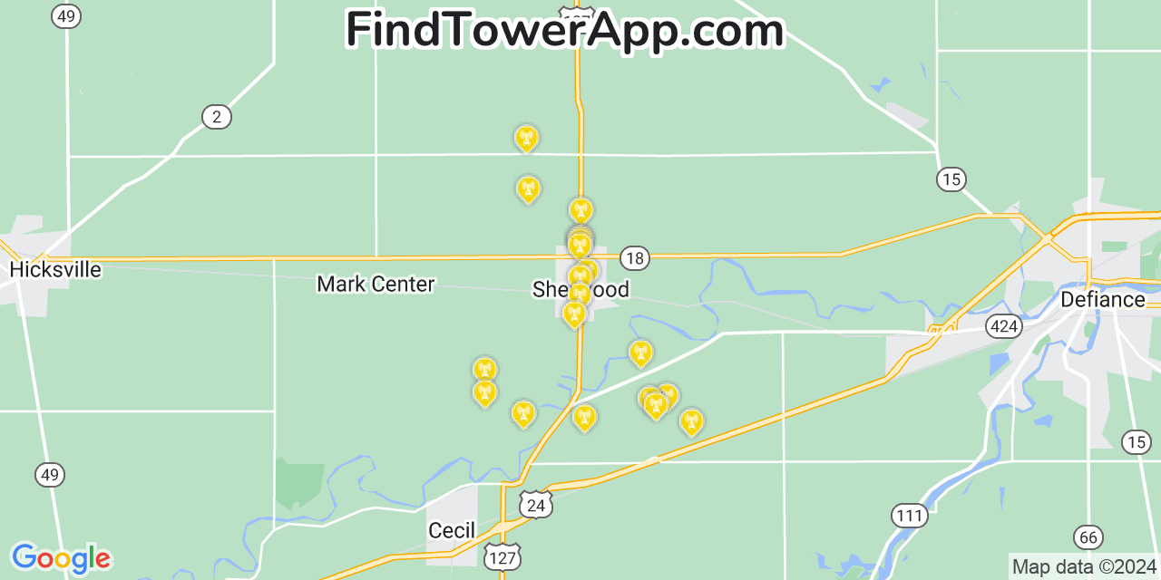 Verizon 4G/5G cell tower coverage map Sherwood, Ohio