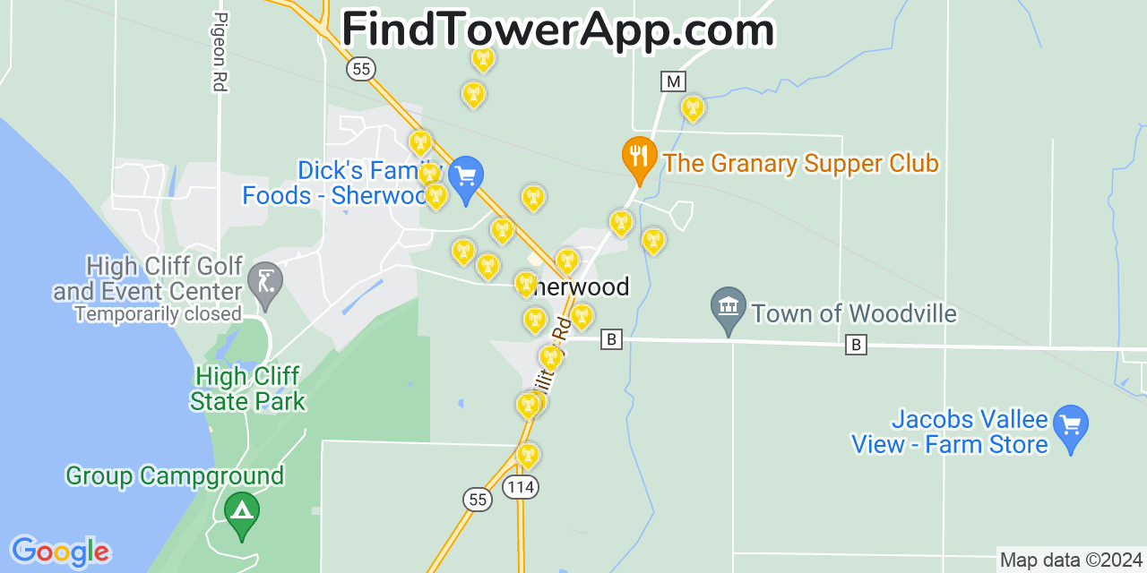 AT&T 4G/5G cell tower coverage map Sherwood, Wisconsin